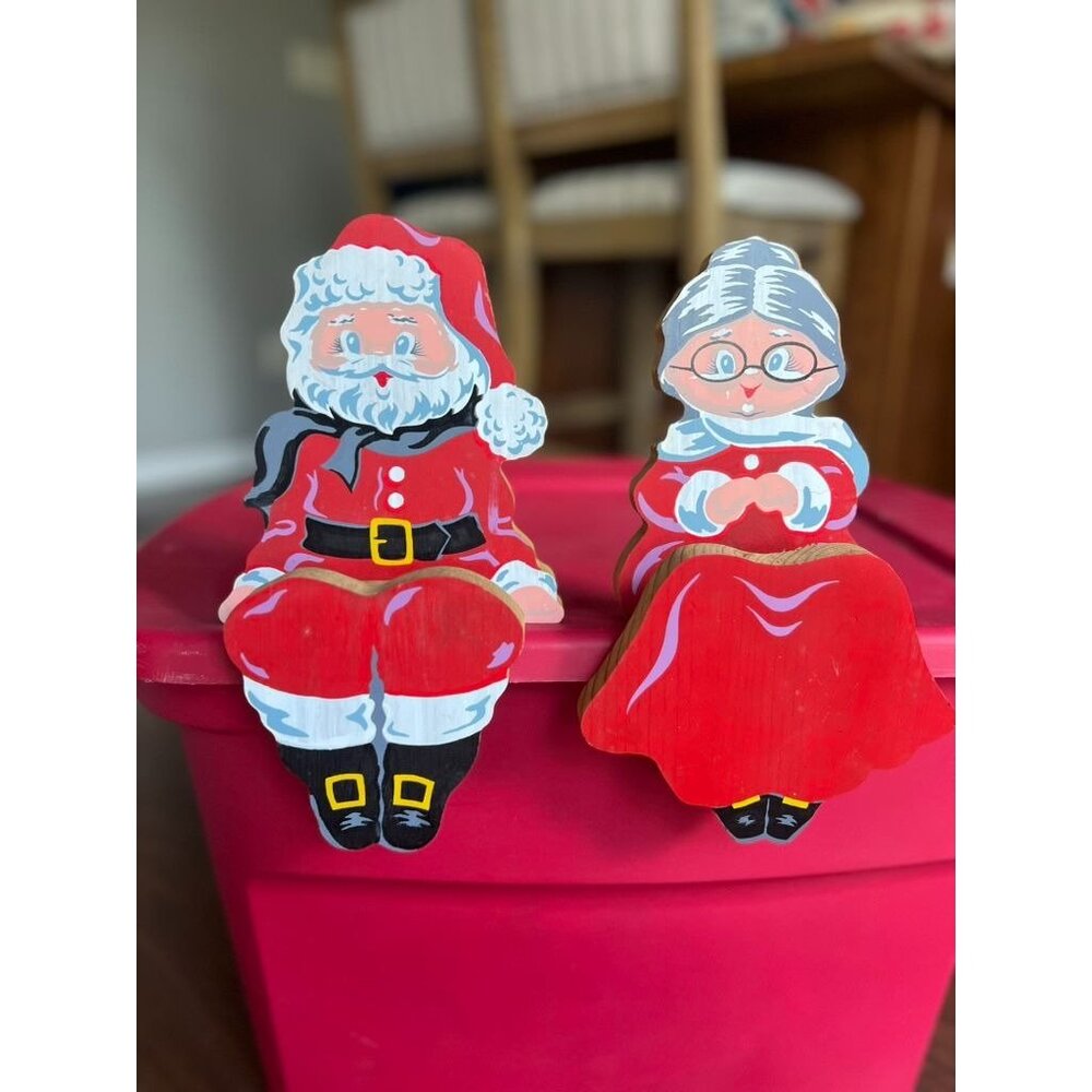Vintage Wooden Santa & Mrs Claus Shelf Sitters Hand Painted Folk Art Christmas